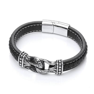 Jewelco London Silver Steel Black Leather Carved Loops Cuff Bracelet 13mm