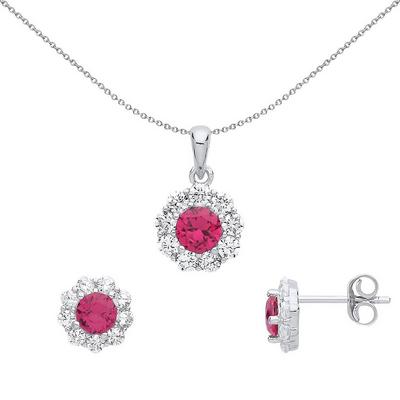 Jewelco London Silver Silver Red CZ Round Classic Cluster Earrings Necklace Set