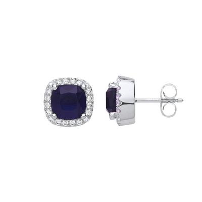 Jewelco London Silver Silver Blue Cushion CZ Halo Stud Earrings