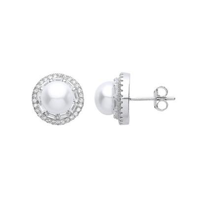 Jewelco London Silver Silver CZ Pearl Full Moon Halo Stud Earrings 7mm