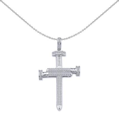 Jewelco London Silver Silver CZ Screw Nails Cross Pendant Necklace 18 inch