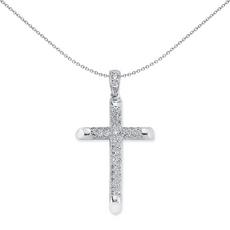 Jewelco London Silver Rhodium Silver CZ 2 Row Pave Cross Pendant Necklace 50mm 18''