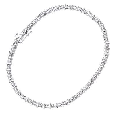 Jewelco London Silver 9ct White Gold Diamond 1 Row Wavy Bar Illusion Tennis Bracelet