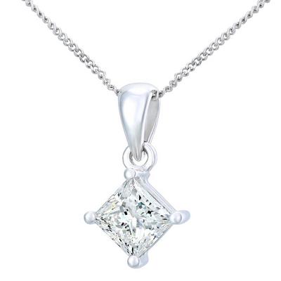 Jewelco London Silver Platinum Princess 1ct Diamond Solitaire Pendant Necklace 18 inch
