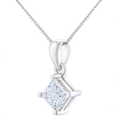 Jewelco London Silver Platinum Princess 1ct Diamond Solitaire Pendant Necklace 18 inch