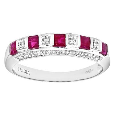 Jewelco London Silver 9ct White Gold Diamond Square Ruby 5 Stone Eternity Ring 2.5mm