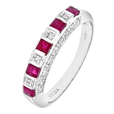 Jewelco London Silver 9ct White Gold Diamond Square Ruby 5 Stone Eternity Ring 2.5mm