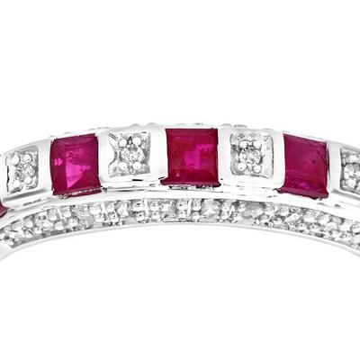 Jewelco London Silver 9ct White Gold Diamond Square Ruby 5 Stone Eternity Ring 2.5mm