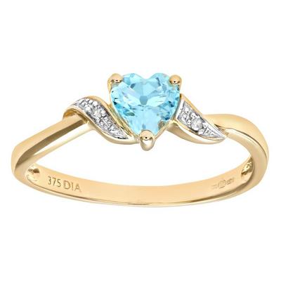 Jewelco London Gold 9ct Gold 1pts Diamond Heart 0.55ct Blue Topaz Heart Ring