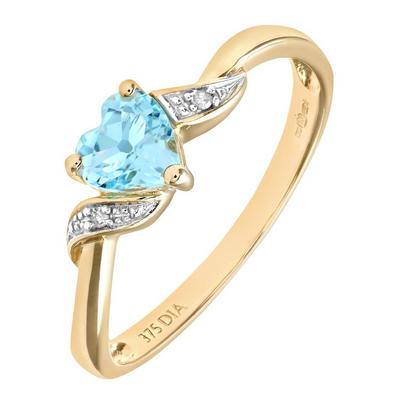 Jewelco London Gold 9ct Gold 1pts Diamond Heart 0.55ct Blue Topaz Heart Ring