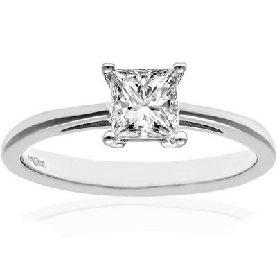 Jewelco London Silver 18ct White Gold Princess 3/4ct Diamond 4 Claw Solitaire Ring 5mm