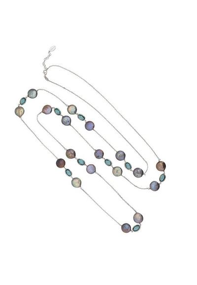 Latelita Multi Turin 120Cm Long Pearl And Blue Topaz Necklace Silver