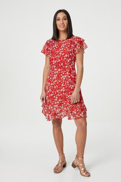 Izabel London Red Ditsy Floral Frilled Sleeve Dress