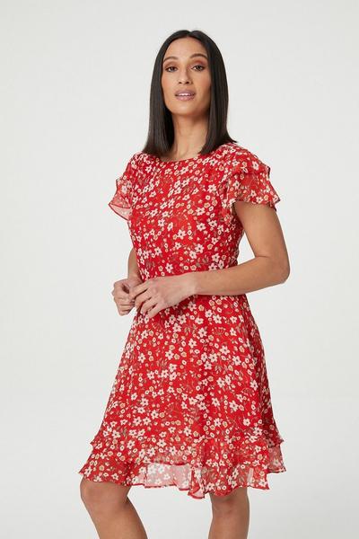 Izabel London Red Ditsy Floral Frilled Sleeve Dress