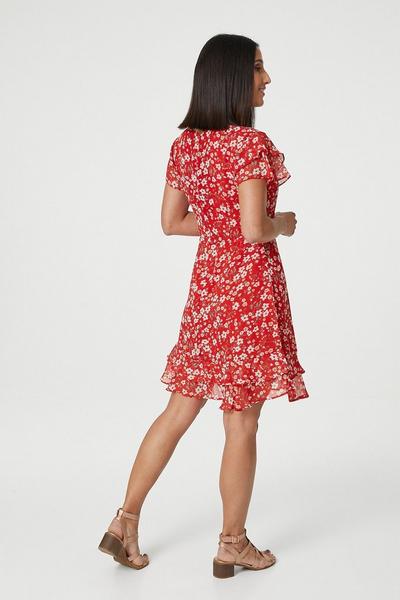 Izabel London Red Ditsy Floral Frilled Sleeve Dress