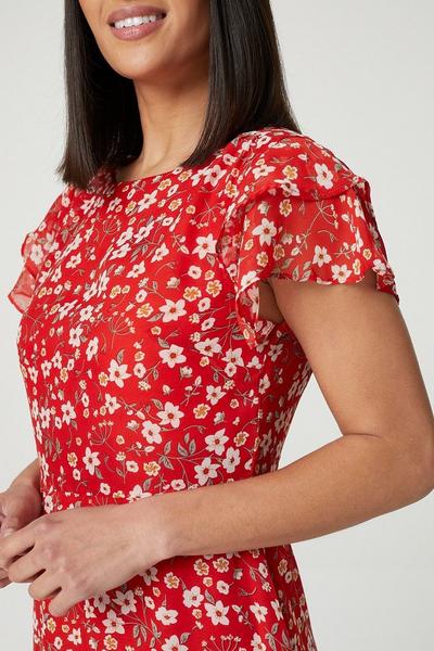 Izabel London Red Ditsy Floral Frilled Sleeve Dress