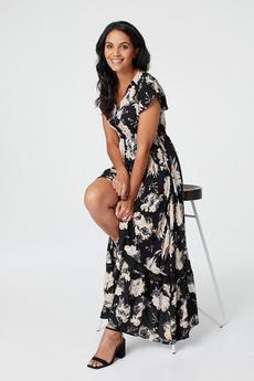 Izabel London Black Floral Short Sleeve Tiered Maxi Dress