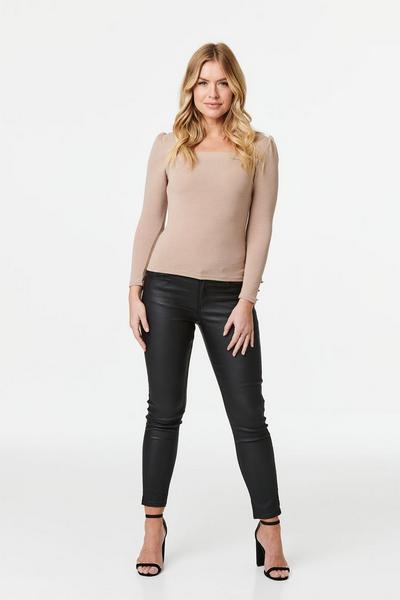 Izabel London Beige Square Neck Long Sleeve Knit Top
