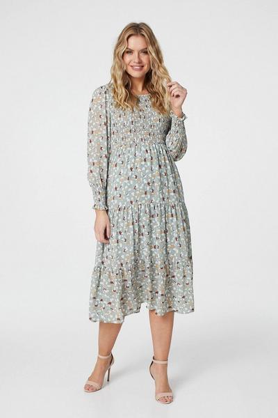 Izabel London Green Ditsy Print Long Sleeve Midi Dress