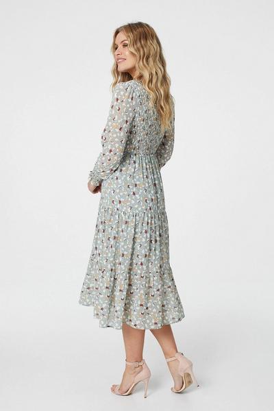 Izabel London Green Ditsy Print Long Sleeve Midi Dress