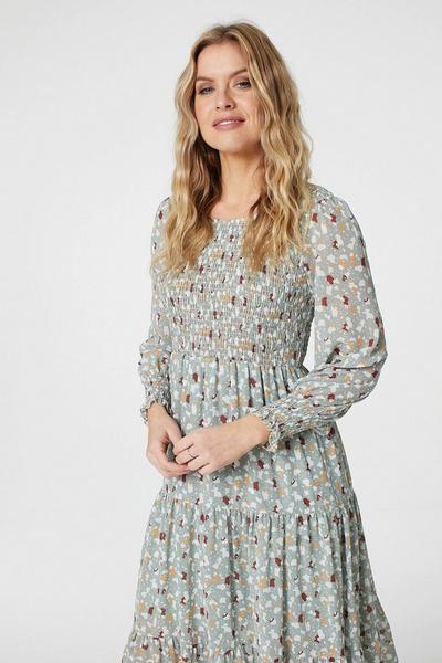 Izabel London Green Ditsy Print Long Sleeve Midi Dress