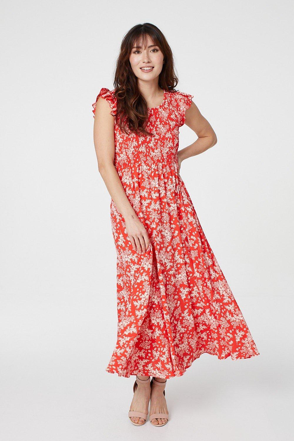 floral smocked bodice maxi dress