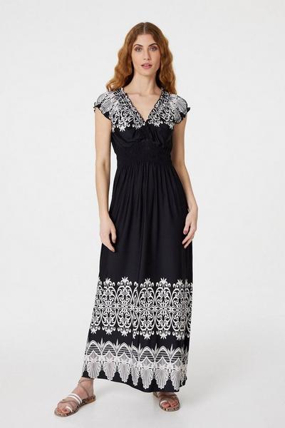 Izabel London Black Lace Print Cap Sleeve Maxi Dress
