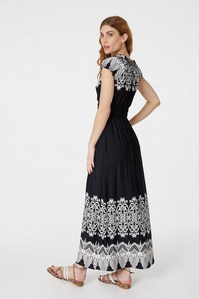 Izabel London Black Lace Print Cap Sleeve Maxi Dress