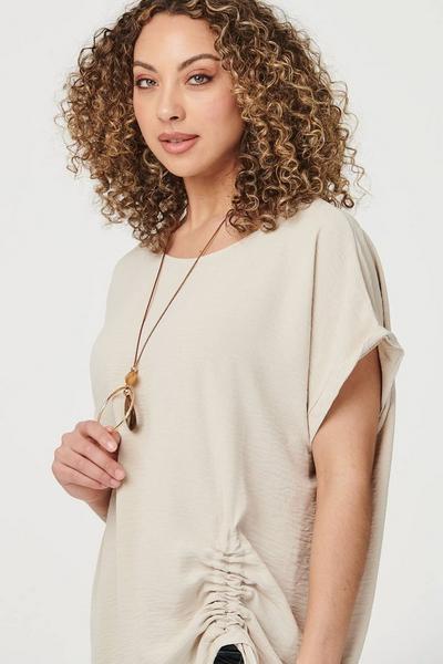 Izabel London Beige Ruched Hem Oversized Blouse