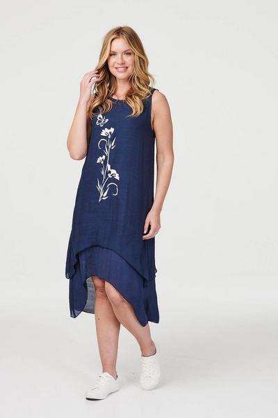 Izabel London Blue Floral Motif Sleeveless Tunic Dress