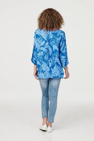 Izabel London Blue Floral Oversized 3/4 Sleeve Blouse