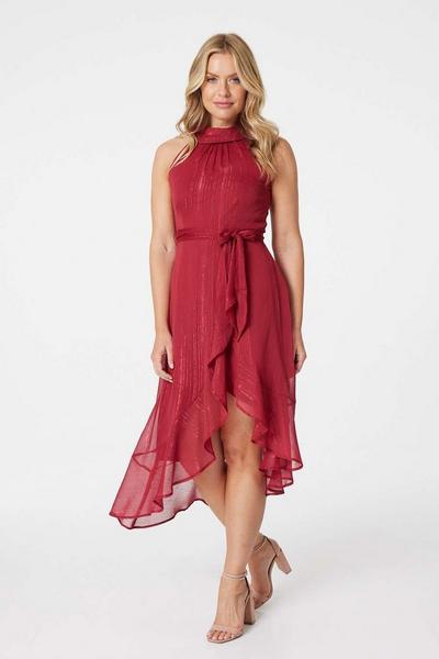 Izabel London Red Halter Neck Asymmetric Midi Dress