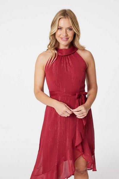 Izabel London Red Halter Neck Asymmetric Midi Dress