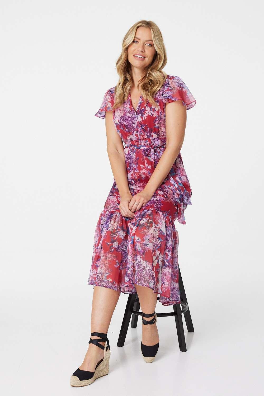 Dresses | Floral Short Sleeve Tiered Midi Dress | Izabel London