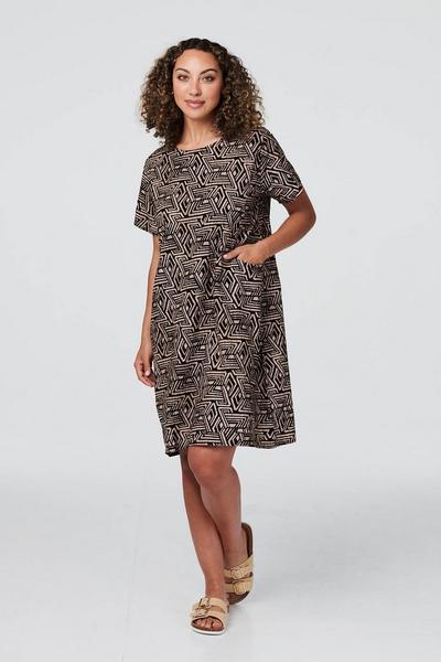 Izabel London Beige Geo Print Short Sleeve Tunic Dress