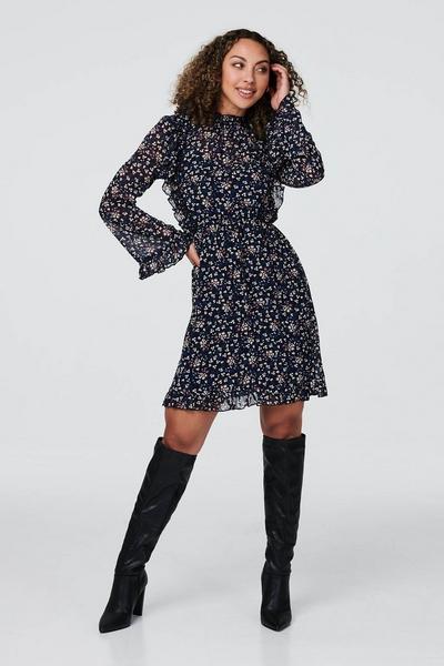 Izabel London Blue Floral Frilled Sleeve Skater Dress