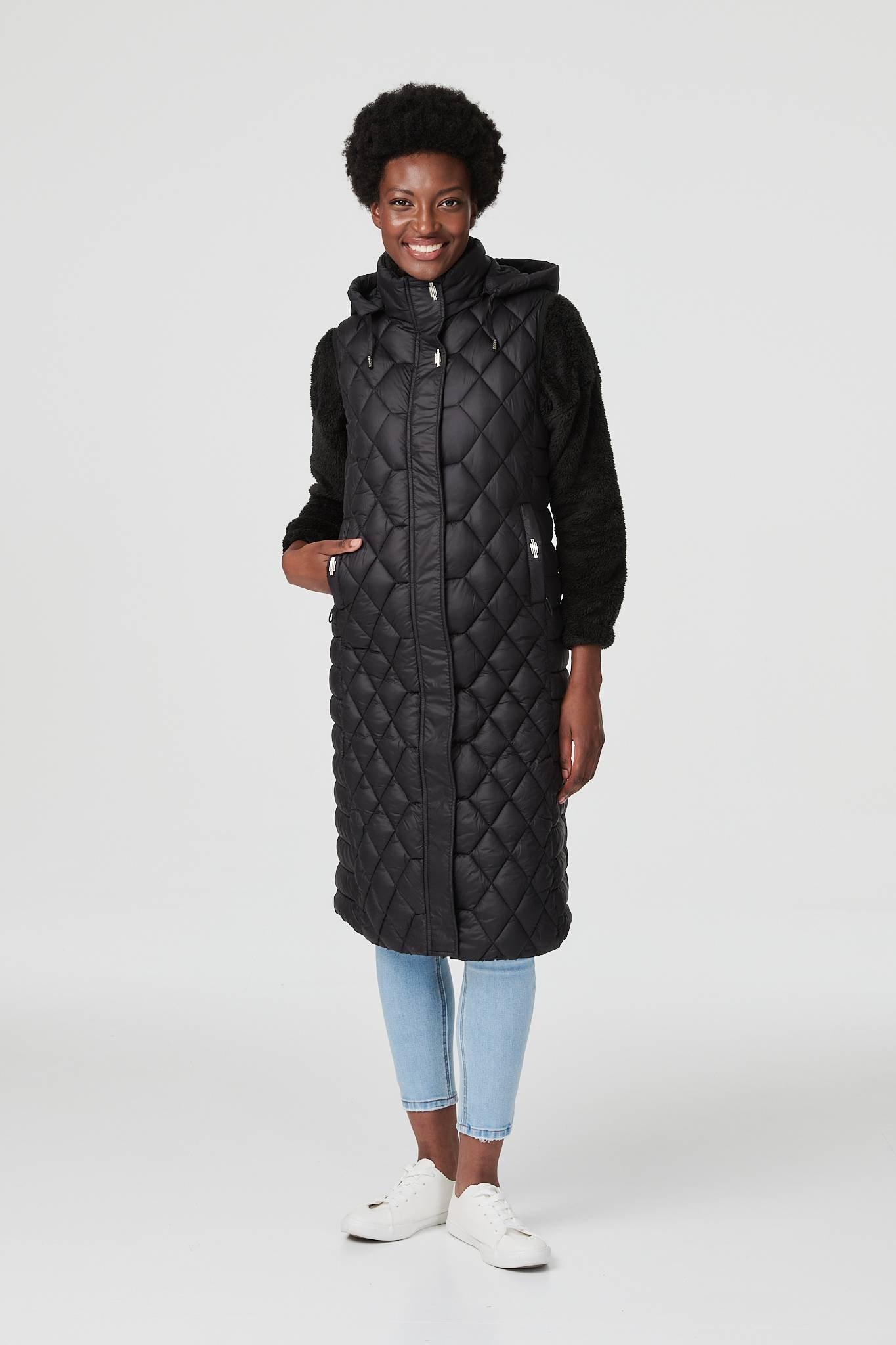 Jackets & Coats | Quilted Long Gilet Vest with Hood | Izabel London