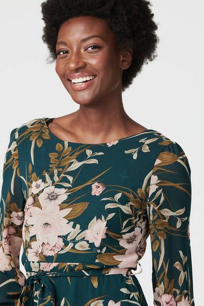 Izabel London Green Floral A-Line Midi Dress with Belt
