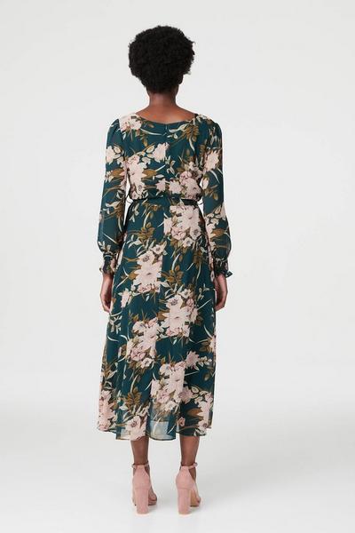 Izabel London Green Floral A-Line Midi Dress with Belt