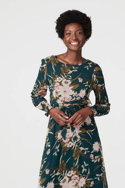 Izabel London Green Floral A-Line Midi Dress with Belt