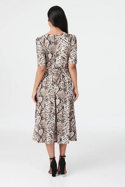 Izabel London Brown Snake Print Ruched Midi Dress