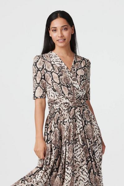 Izabel London Brown Snake Print Ruched Midi Dress