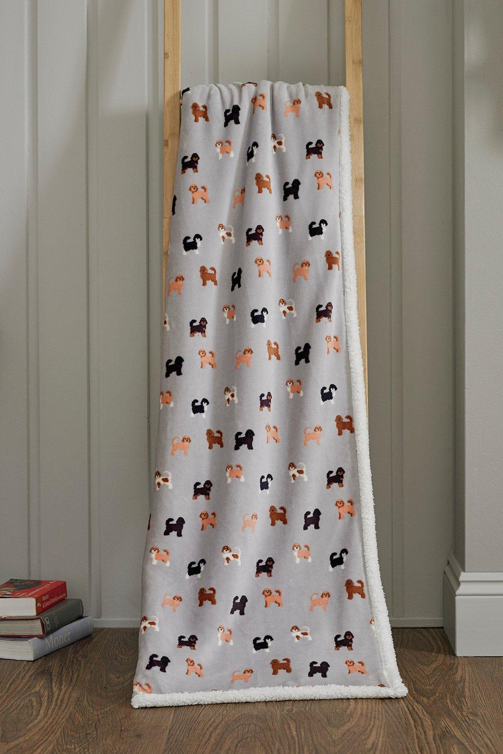 Soft Furnishings | Doodle Dog Printed Flannel Sherpa 140x180cm Throw ...