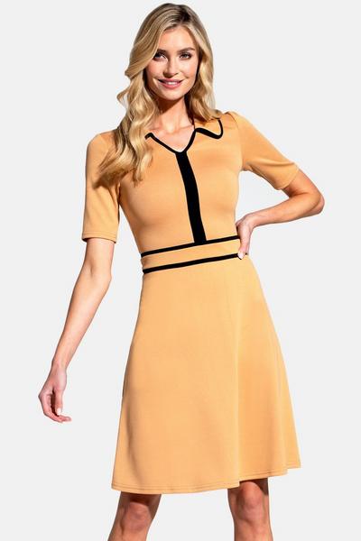 Hot Squash Camel Contrast Piping Dress with Flared Skirt