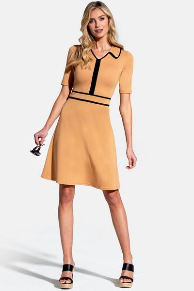 Hot Squash Camel Contrast Piping Dress with Flared Skirt