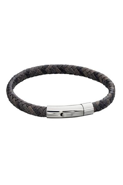 fredbennett fb Silver Woven Grey Leather & Stainless Steel Clip Clasp Bracelet
