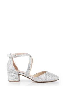 Paradox London Silver Glitter 'Francis' Mid Block Heel Wide Fit Court Shoes