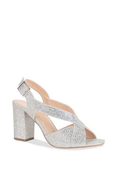Paradox London Silver Glitter 'Henrietta' Wide Fit High Block Heel Sandals