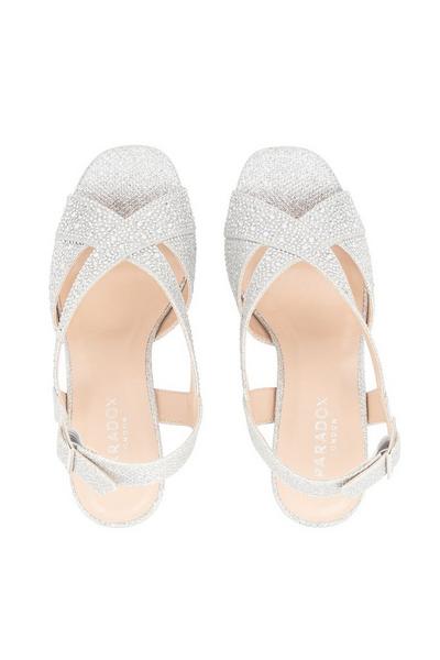 Paradox London Silver Glitter 'Henrietta' Wide Fit High Block Heel Sandals