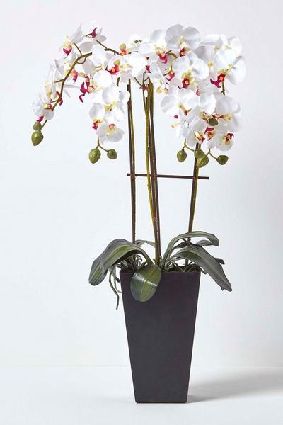 Homescapes White Artificial Flowers White Orchid in a Black Pot, 70 cm